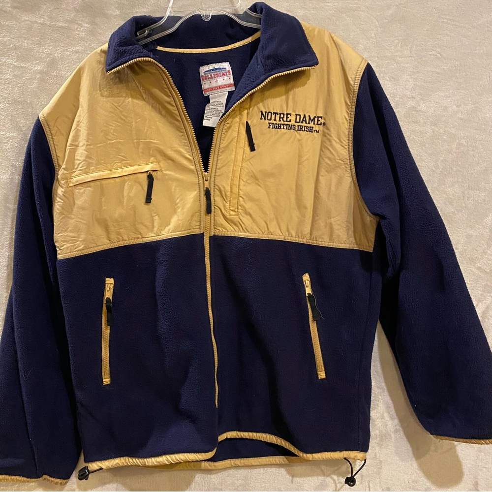 Norte Dame Jacket Large Blue Tan Zip Up Fleece Lined Fighting Irish